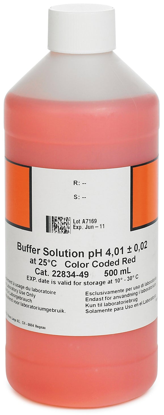 Solución buffer, pH 4.01 (NIST), código de color rojo, 500 mL, Hach