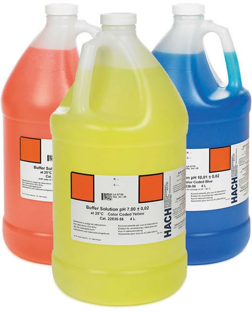 Kit de solución buffer de pH, codificado por colores, pH 4.01, pH 7.00 y pH 10.01, 4 L cada una, Hach